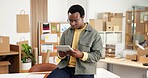 Ecommerce, research and black man in office with tablet for erp tech in small business workflow. Search, web or entrepreneur on digital app for online sales data, checklist or inventory management