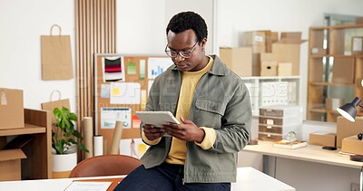 Buy stock photo Ecommerce, research and black man in office with tablet for erp tech in small business workflow. Search, web or entrepreneur on digital app for online sales data, checklist or inventory management