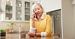 Phone call, healthcare and elderly woman in home for contact, booking appointment and feedback. Senior person, tech or communication in retirement for medical advice, discussion or telehealth service