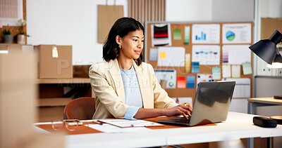 Buy stock photo Woman, typing and laptop at startup for logistics, schedule and stock availability for delivery. Smile, female person and review in office with tech, confirm dispatch and update pricing for ecommerce