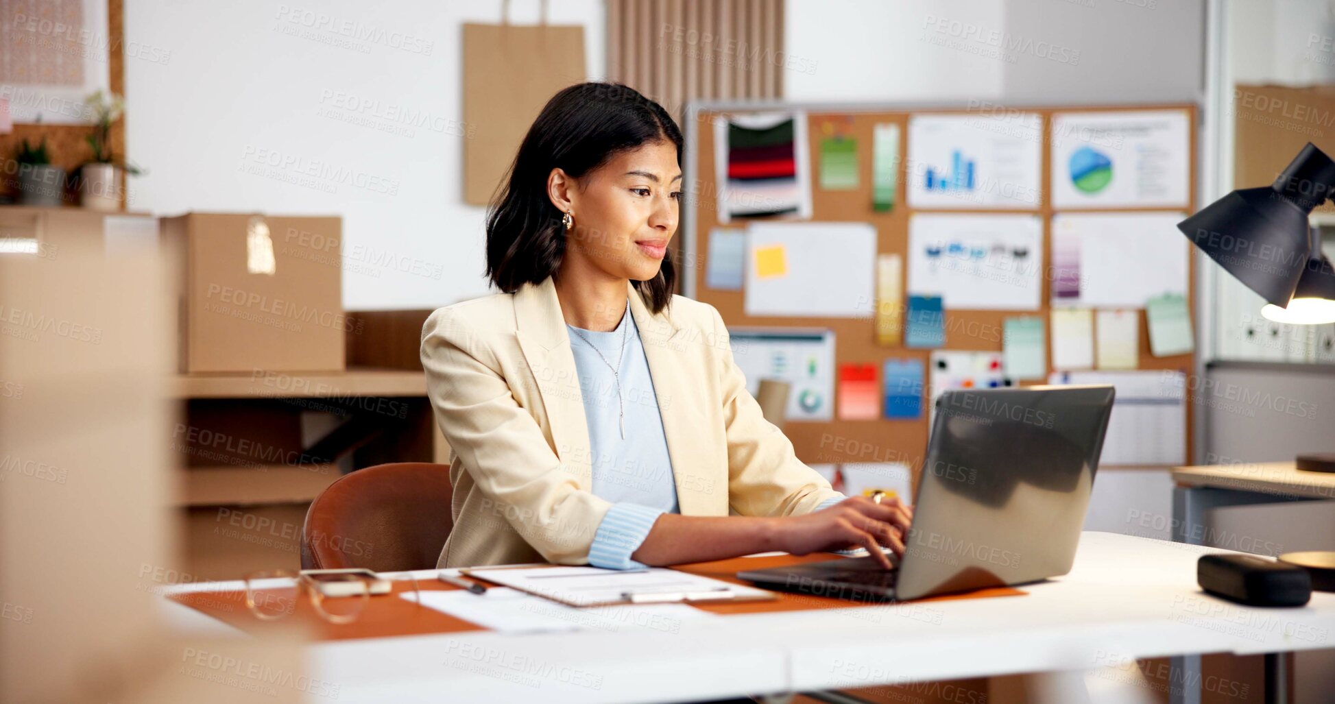 Buy stock photo Woman, typing and laptop at startup for logistics, schedule and stock availability for delivery. Smile, female person and review in office with tech, confirm dispatch and update pricing for ecommerce