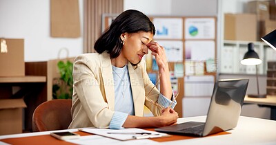 Buy stock photo Woman, laptop or headache with stress in logistics for small business mistake or distribution delay. Frustrated, female person or migraine with computer for freight issue or inflation in online store