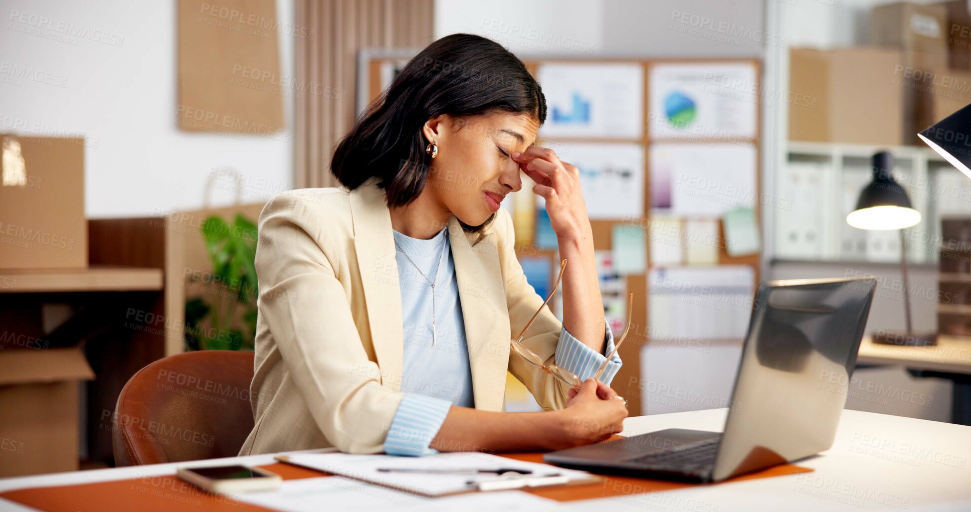 Buy stock photo Woman, laptop or headache with stress in logistics for small business mistake or distribution delay. Frustrated, female person or migraine with computer for freight issue or inflation in online store