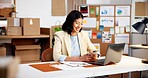 Smile, woman and phone in office for logistics, email supplier and stock availability for delivery. Happy, person and reading at startup with mobile, customer reviews and update pricing for ecommerce