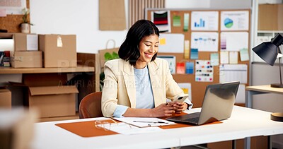 Buy stock photo Smile, woman and phone in office for logistics, email supplier and stock availability for delivery. Happy, person and reading at startup with mobile, customer reviews and update pricing for ecommerce