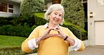 Real estate, portrait or old woman with heart hands, home approval or love for pension investment. Happy, gratitude or senior person with kind emoji, thank you or appreciation of retirement property.