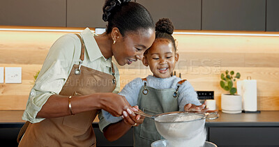 Buy stock photo Mother, child and baking in kitchen with sieve, teaching daughter and support with happiness. Black family, parent and girl flour sifting at home for learning, culinary skill development and help