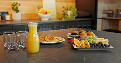 Buy stock photo Table setting, food and breakfast spread in home with juice, waffle meal and colorful presentation. Fresh, nutrition and fruit platter with drink for brunch arrangement, muffins and weekend morning