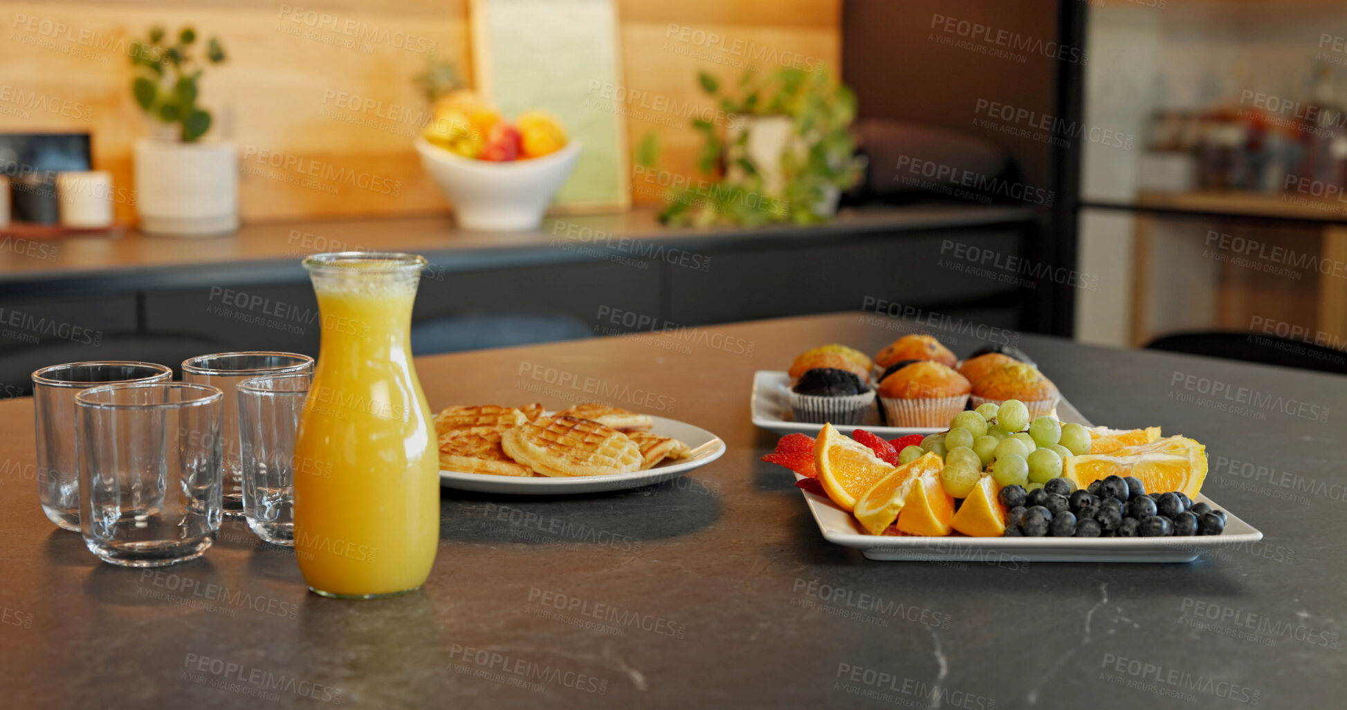 Buy stock photo Table setting, food and breakfast spread in home with juice, waffle meal and colorful presentation. Fresh, nutrition and fruit platter with drink for brunch arrangement, muffins and weekend morning