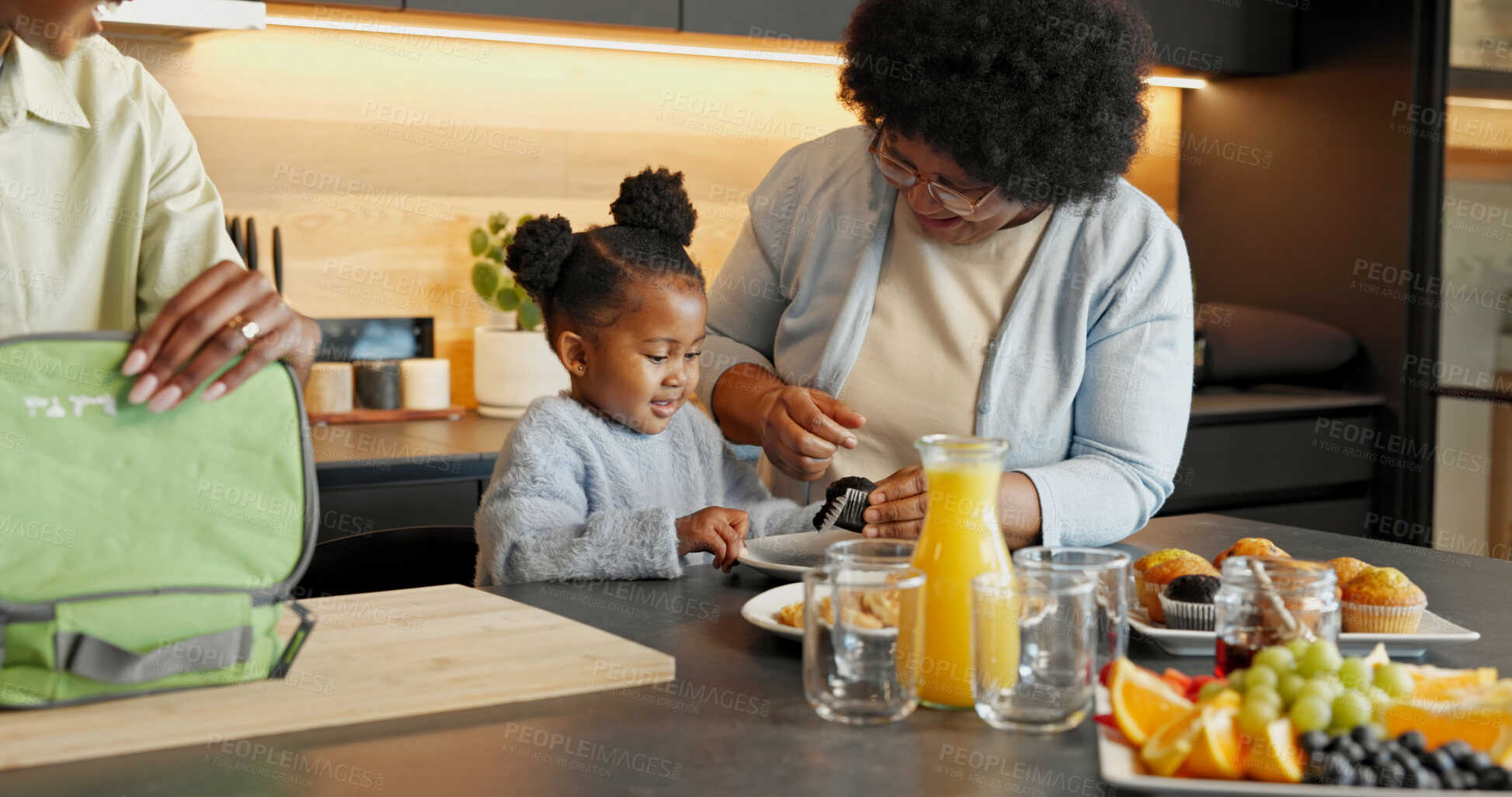 Buy stock photo Happy, kitchen and grandma with child for breakfast, healthy food and pack meal in morning. Family, home and African girl with mom, grandparent and help for vitamins, nutrition and prepare for school