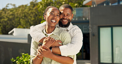 Buy stock photo Happy, couple and hug in front yard for real estate investment, property purchase or home security. Portrait, black people and smile with embrace for new house, relocation and marriage goals outdoor