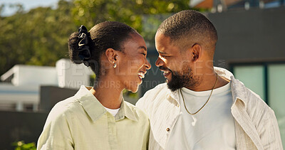 Buy stock photo New home, couple and laugh in front yard for property purchase, fresh start and marriage goals. Love, black people or happy outdoor for dream house, relocation or long term investment in relationship