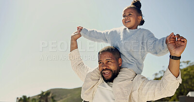 Buy stock photo Father, child and support on shoulder outdoor for quality time, weekend outing or play with security. Love, black family and happy with carry, relationship development or dad and daughter bonding