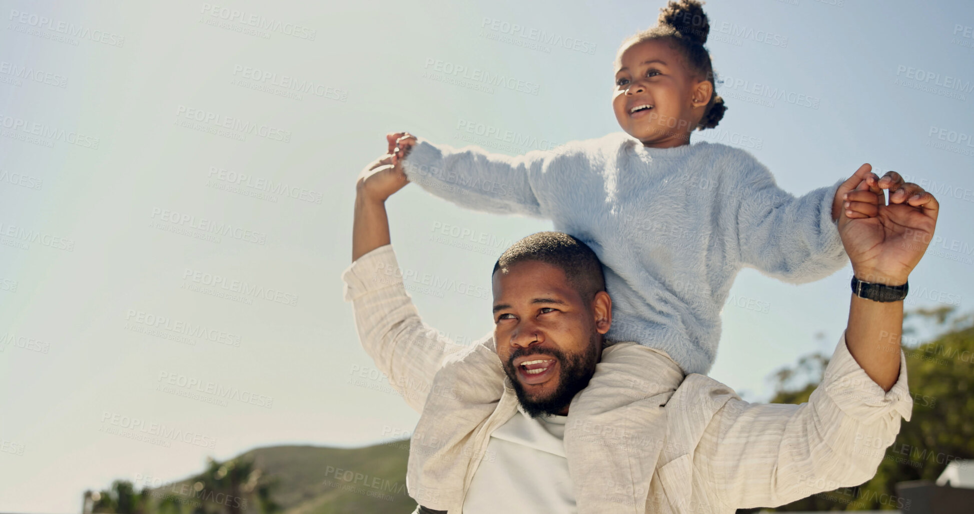 Buy stock photo Father, child and support on shoulder outdoor for quality time, weekend outing or play with security. Love, black family and happy with carry, relationship development or dad and daughter bonding