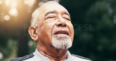 Buy stock photo Senior, man and breathing with fresh air in park for outdoor fitness, workout or exercise. Elderly, male person or relaxing with lens flare, peace or calm tranquility for health or wellness in nature