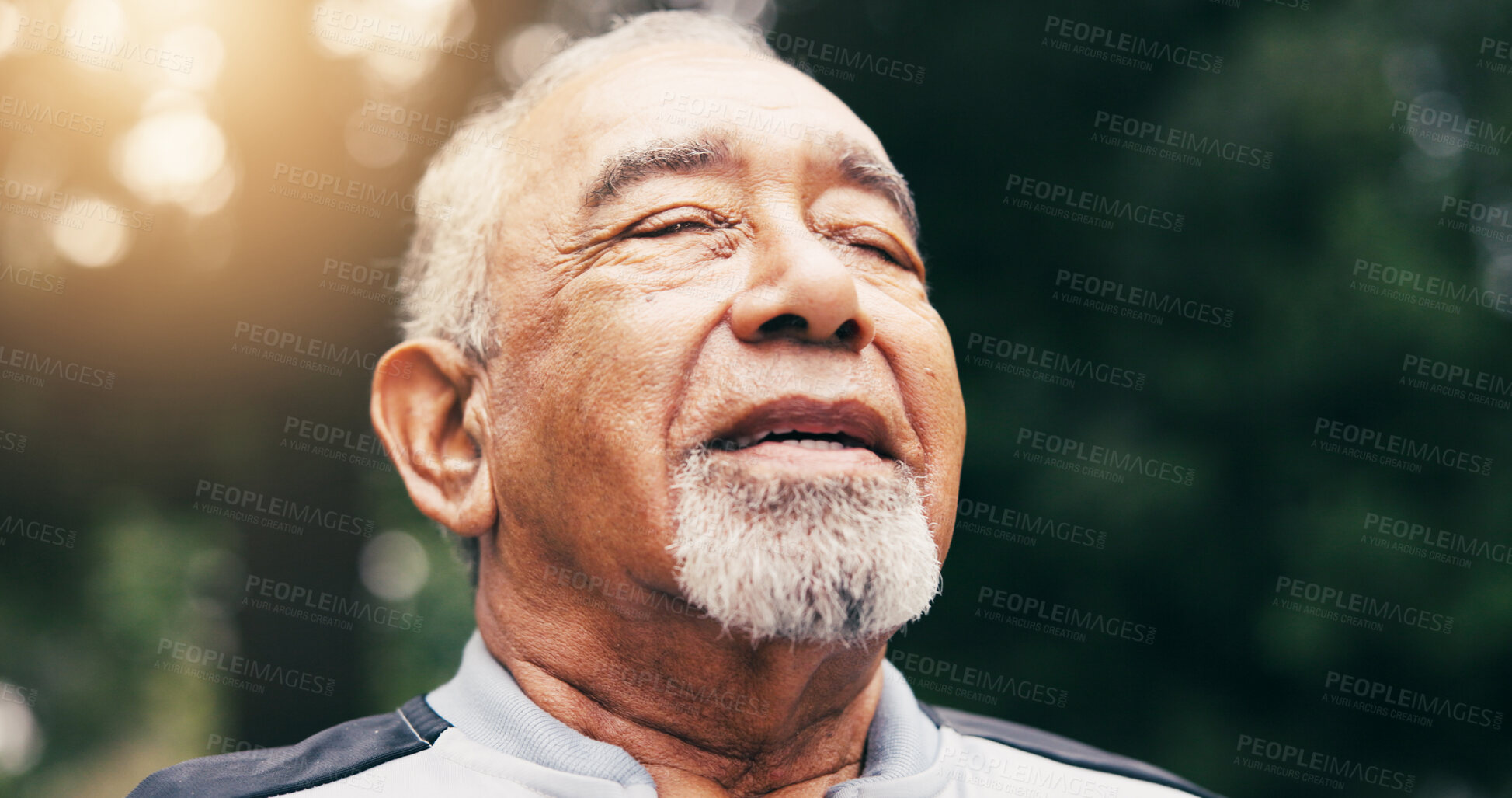 Buy stock photo Senior, man and breathing with fresh air in park for outdoor fitness, workout or exercise. Elderly, male person or relaxing with lens flare, peace or calm tranquility for health or wellness in nature