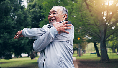 Buy stock photo Smile, old man or stretching at park for fitness, getting ready or exercise for healthy lifestyle. Thinking, senior person and warm up in nature for self care, training or muscle workout for wellness
