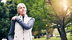 Senior, woman and shoulder pain with injury in park for outdoor workout accident or mistake. Active, elderly or female person with sore muscle tension for discomfort or overworked strain in nature