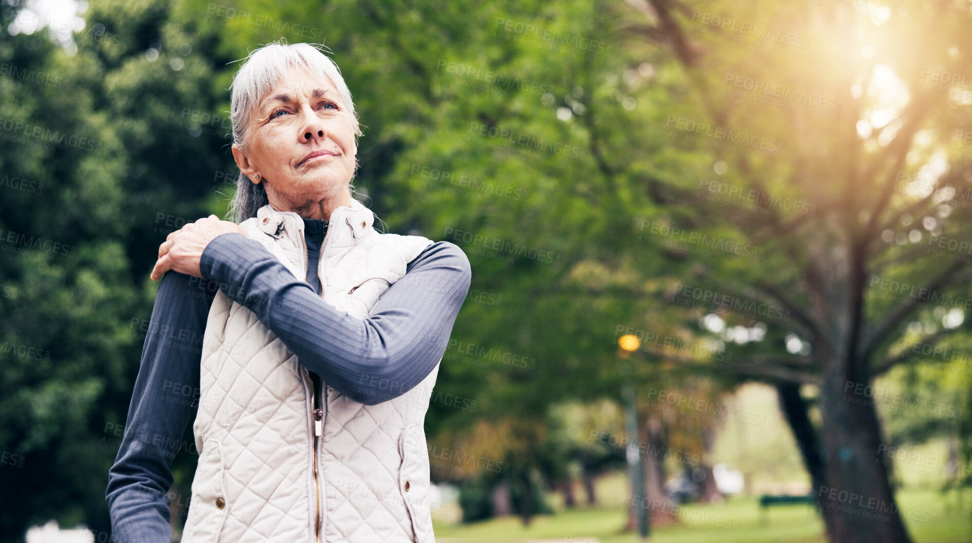 Buy stock photo Senior, woman and shoulder pain with injury in park for outdoor workout accident or mistake. Active, elderly or female person with sore muscle tension for discomfort or overworked strain in nature