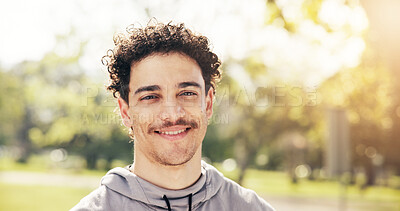 Buy stock photo Outdoor, portrait and man with smile, exercise and pride after physical activity and fitness at park. Confident, athlete and happy person on break, rest and workout for health and fresh air in nature