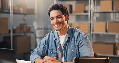 Buy stock photo Logistics, happy or man in office with portrait, courier operation or business owner in supply chain. Distribution, smile or entrepreneur with confidence, cargo lead or about us in freight management