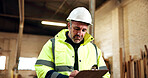 Writing, man or checklist in workshop for carpentry supervision, analog tracking or manual cut list. PPE, mature supervisor or clipboard for joinery inspection, job specs or record project progress