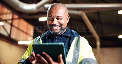 Buy stock photo Tablet, happy and black man in warehouse for construction, supplier update and carpentry report. Manufacturing, supervisor and person on tech for production, timber stock and material for woodworking