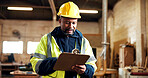 Writing, black man or clipboard in workshop for carpentry, analog tracking or manual cut list. PPE, mature shopfitter or checklist for joinery inspection, job specs or progress notes for custom order