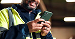 Happy, construction and hands of man with phone for message, connection and chat with supplier. Mature, supervisor and African person on cellphone, internet and networking for remodeling in warehouse