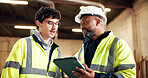 Carpentry, manager and people on tablet in workshop for manufacturing, planning and production. Woodworking, inventory and man with supervisor for timber, lumber and order for construction business