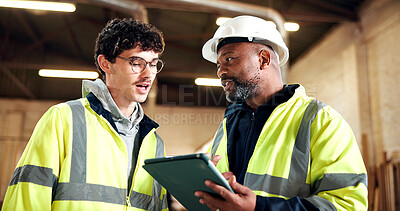 Buy stock photo Carpentry, manager and people on tablet in workshop for manufacturing, planning and production. Woodworking, inventory and man with supervisor for timber, lumber and order for construction business