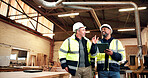 Woodworking, smile and men with tablet in warehouse, inspection or planning for furniture production. Carpenter, collaboration and happy mature people with tech, low angle and project management