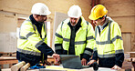 Carpenter, team and men with laptop in warehouse, engineering and planning for furniture production. Engineer, collaboration and people with technology, woodworking and project management with intern