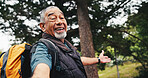 Portrait, old man and hiking in forest with selfie, photography and social media for holiday post. Happy, senior person and pov in nature for backpacking, profile picture update and capture memory