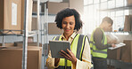 Happy, woman and tablet in storage for shipping inspection, inventory audit or QA for supply chain. Startup, mature receiving clerk or WMS app to verify inbound shipment, order picking or compliance