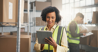 Buy stock photo Happy, woman and tablet in storage for shipping inspection, inventory audit or QA for supply chain. Startup, mature receiving clerk or WMS app to verify inbound shipment, order picking or compliance