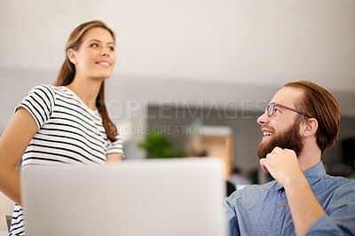 Buy stock photo Happy, business people and team with laptop for creative project, discussion or software design at office. Man, woman or web designers with smile on technology for ideas, planning or online startup