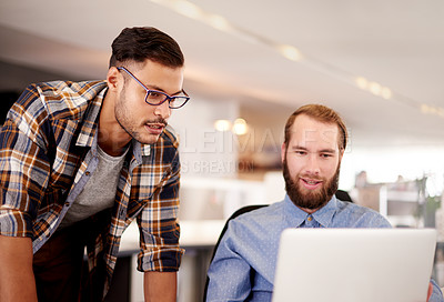 Buy stock photo Online, men and help for project, laptop and asking for feedback in creative agency and web design. Business, graphic designer and review of layout on website, teamwork and colleagues with tech