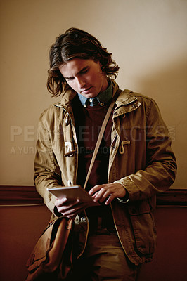 Buy stock photo Reading, tablet and research with business man for professional, news reporter and online. Confidence, digital report and journalist with person for opportunity, media development and press agent