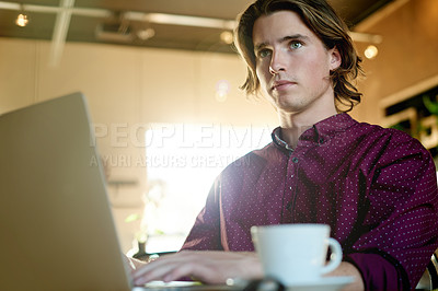 Buy stock photo Cafe, remote work and man with laptop, thinking and creative for digital magazine, employee and app. Reflection, reporter and person with tech for article, online or freelance project in coffee shop