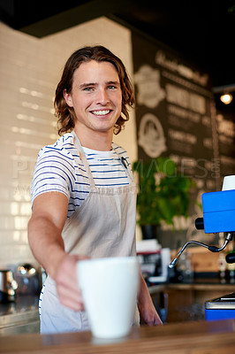 Buy stock photo Cup, counter and portrait of man in coffee shop for serving drinks, espresso and beverage. Restaurant, hospitality and person with mug for cappuccino, latte and tea for customer service in cafe