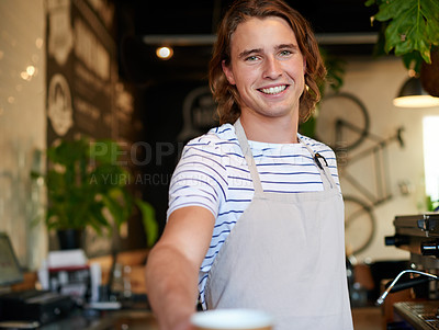 Buy stock photo Giving, counter and portrait of man in coffee shop for serving drinks at cafe, startup and business. Restaurant, hospitality and happy barista, server and person with takeaway for customer service