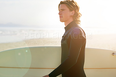 Buy stock photo Vision, surfing and summer with man at beach for fitness, travel holiday and adventure. Water sports, surfboard and thinking with person outdoor for surfer training, tropical vacation and reflection