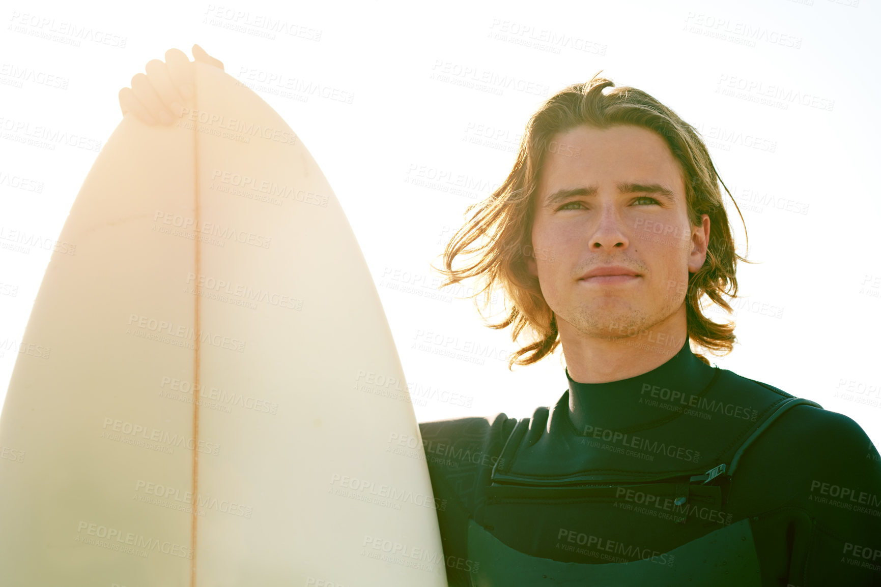 Buy stock photo Thinking, surfboard and man by beach in morning for surfing hobby, water sports and outdoor adventure. Flare, sunlight and person by sea for summer vacation, holiday and weekend in Australia by ocean