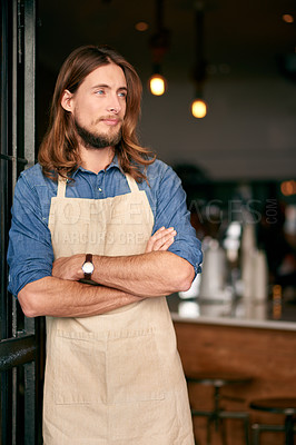 Buy stock photo Thinking, man and barista at door of cafe with pride, welcome and ideas of customer services. Person, thoughts and arms crossed for catering, startup reflection and management of hospitality industry