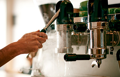 Buy stock photo Barista, hand or steam at coffee machine for hospitality, cleaning valve or order preparation in cafe. Person, service industry or brewing station in restaurant for hot beverage, process or equipment
