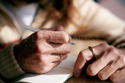 Buy stock photo Hands, person and writing in notebook in home for journal entry, planning schedule and to do list. Inspiration, man and pen with diary in house for inspirational notes, task planner and checklist
