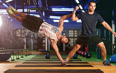 Buy stock photo Human, flag or people in gym with fitness for calisthenics, training or workout with help. Athlete, teamwork or flexible gymnast in club with stability for athletics, acrobatics or strength exercise