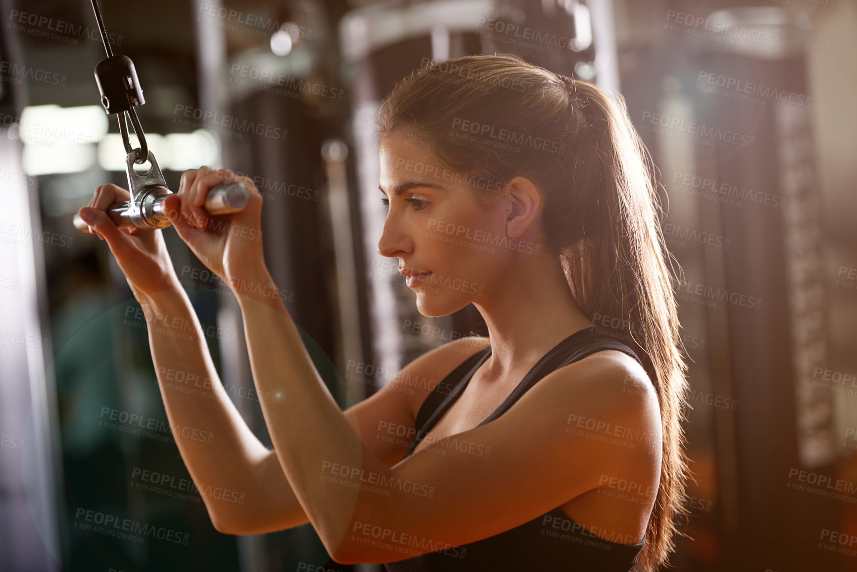 Buy stock photo Thinking, woman and cable machine in gym for power, wellness and bodybuilding exercise. Active, challenge and female athlete in training with weight equipment for muscle growth, workout and fitness