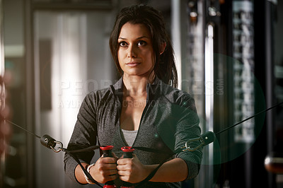 Buy stock photo Exercise, woman and cable machine at gym for biceps growth, strength training and endurance. Athlete, person and equipment at sports club for resistance challenge, arm workout and functional fitness